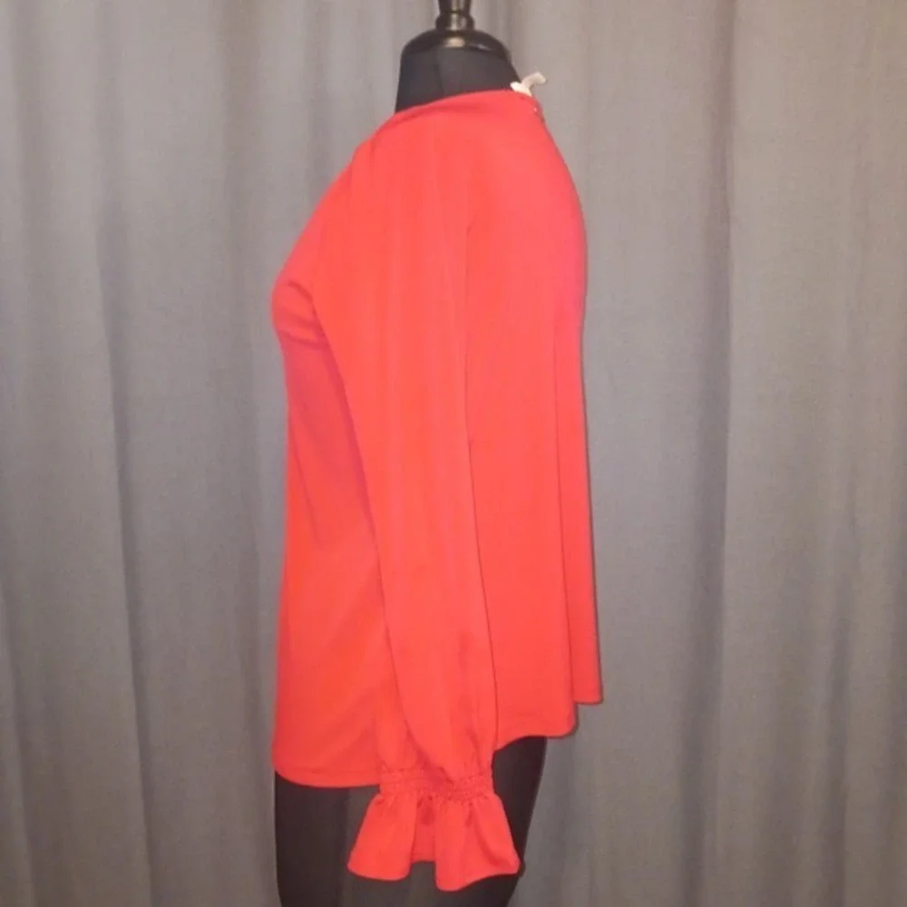 Michael Kors Red Blouse Top Gold Grommet V Neck‎ Long Sleeve Ruffle Cuff small